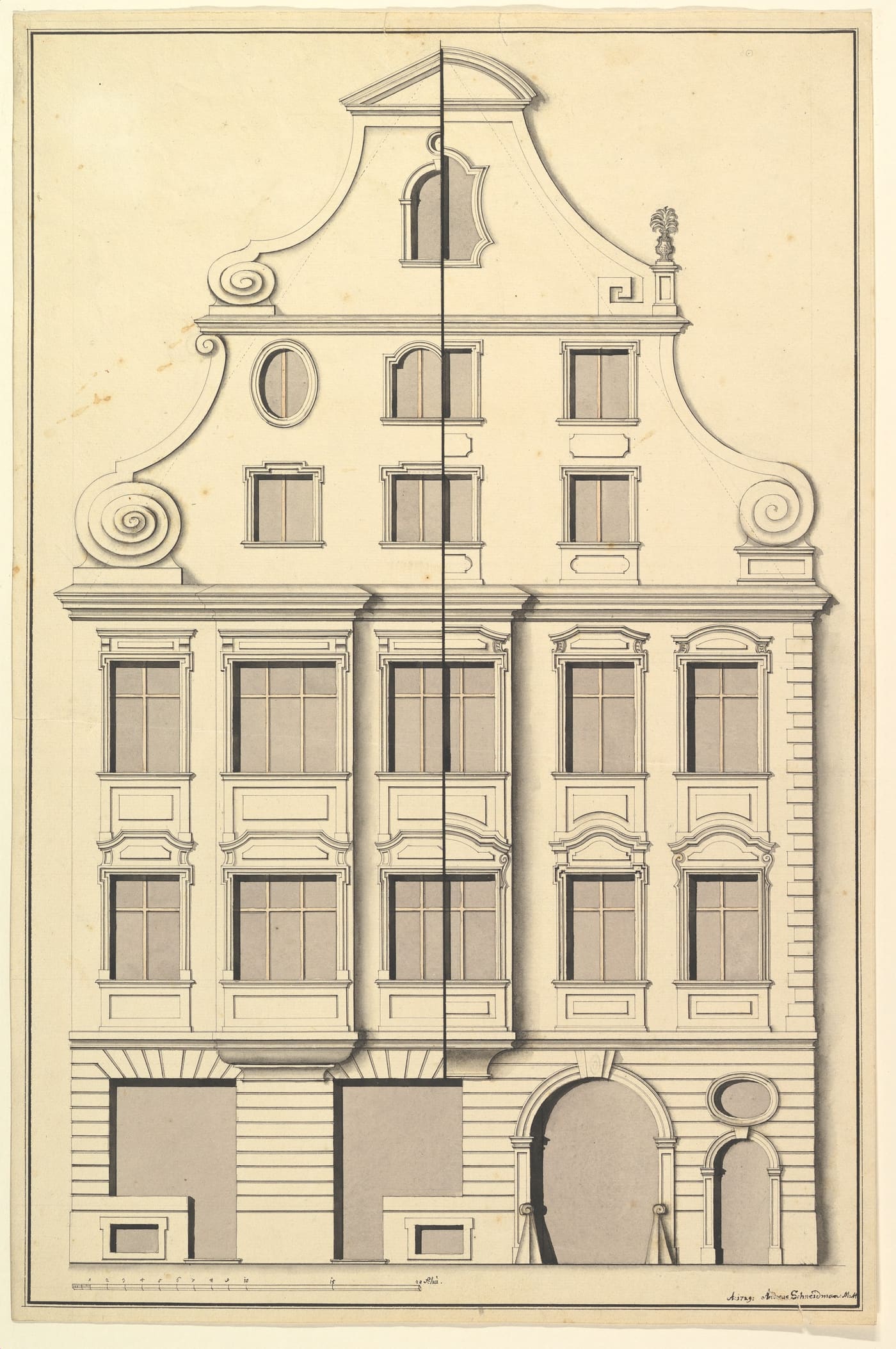 An ink and wash elevation of a gabled town house, split down the middle to show two alternative window designs.